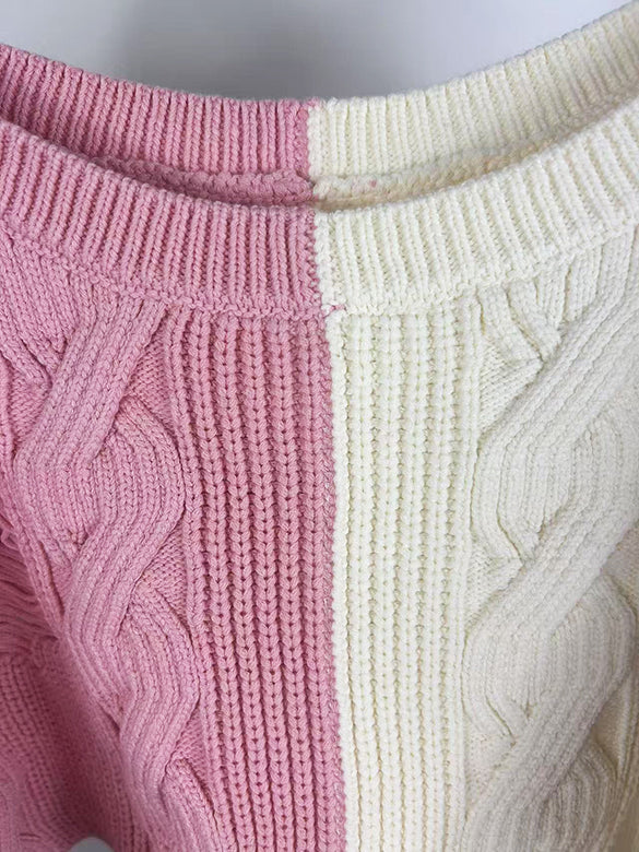 Bi-color Damage Off-shoulder Cable Short Knit