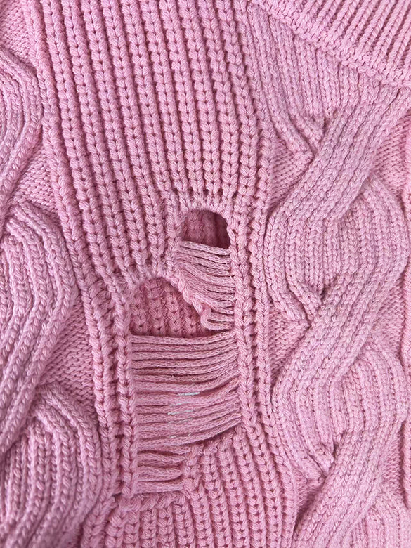 Bi-color Damage Off-shoulder Cable Short Knit
