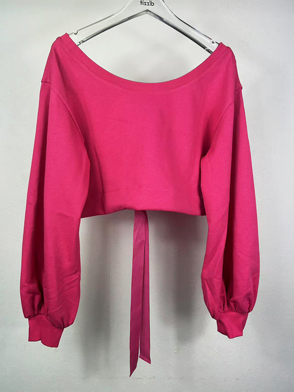 Balloon Sleeves Off-shoulder Ribbon Short Sweatshirt