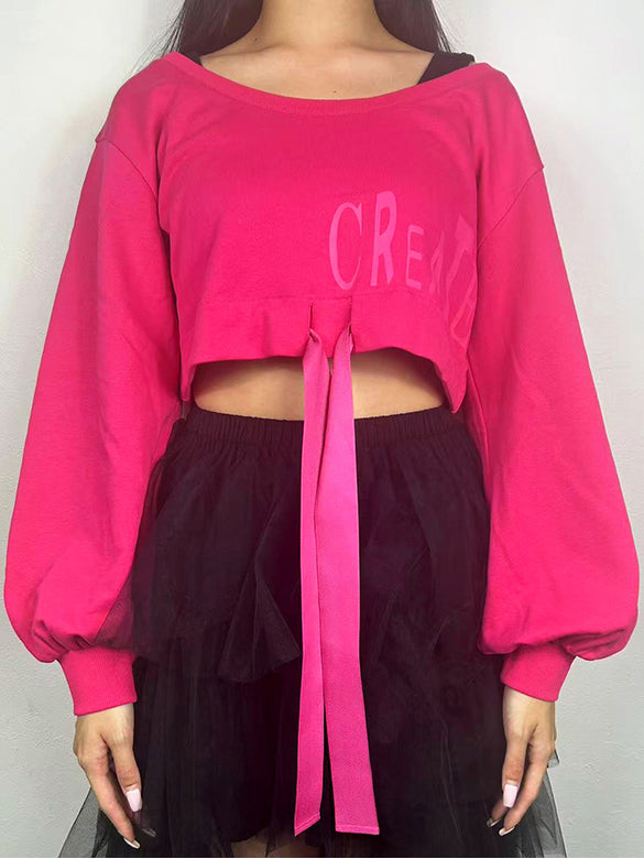 Balloon Sleeves Off-shoulder Ribbon Short Sweatshirt