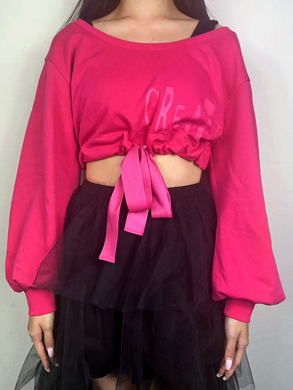 Balloon Sleeves Off-shoulder Ribbon Short Sweatshirt
