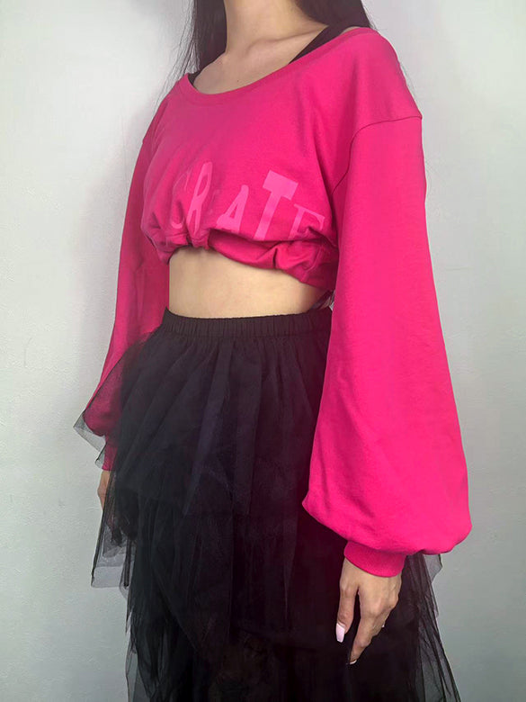 Balloon Sleeves Off-shoulder Ribbon Short Sweatshirt