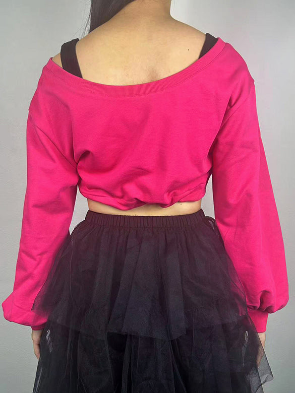 Balloon Sleeves Off-shoulder Ribbon Short Sweatshirt