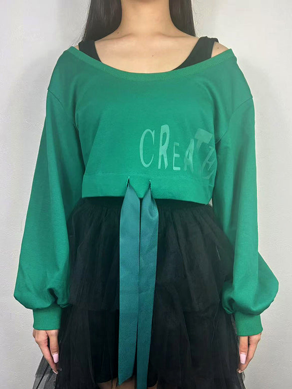 Balloon Sleeves Off-shoulder Ribbon Short Sweatshirt