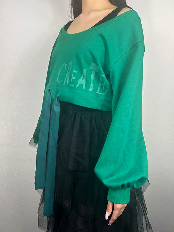 Balloon Sleeves Off-shoulder Ribbon Short Sweatshirt