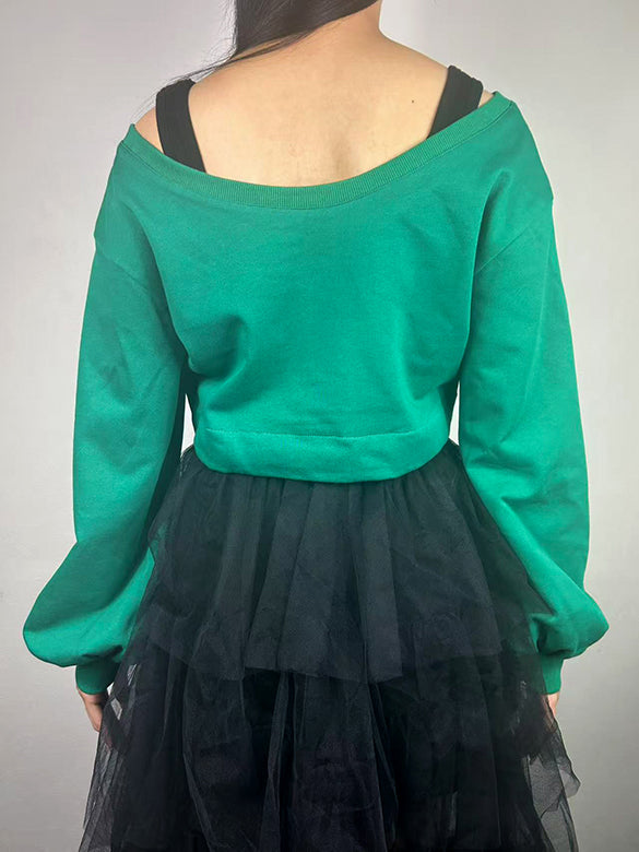 Balloon Sleeves Off-shoulder Ribbon Short Sweatshirt