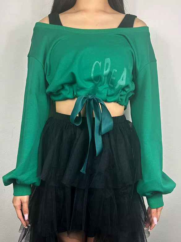 Balloon Sleeves Off-shoulder Ribbon Short Sweatshirt