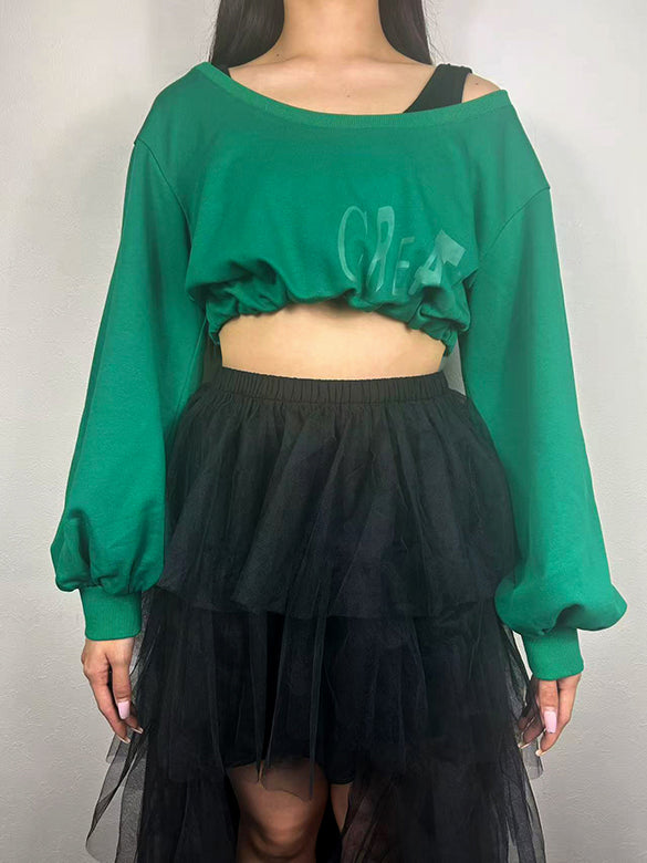 Balloon Sleeves Off-shoulder Ribbon Short Sweatshirt