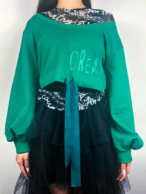 Balloon Sleeves Off-shoulder Ribbon Short Sweatshirt