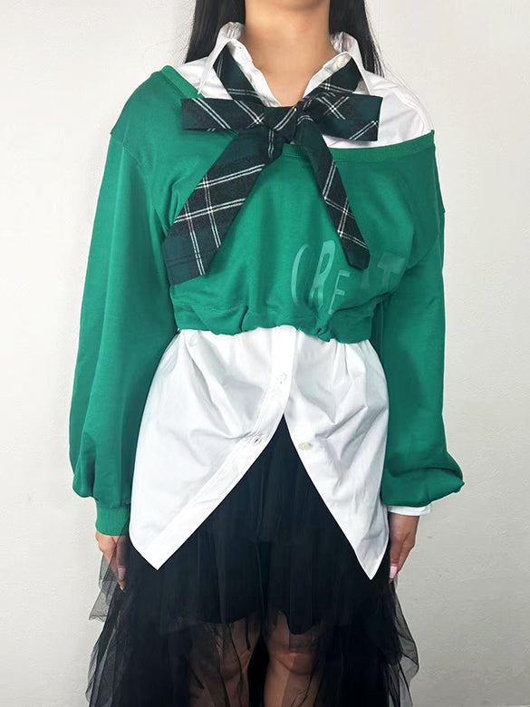 Balloon Sleeves Off-shoulder Ribbon Short Sweatshirt