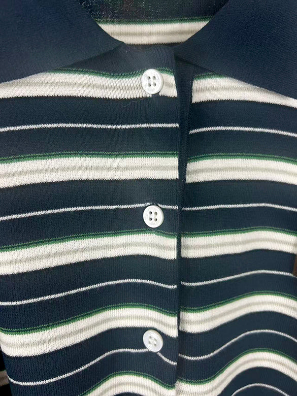 Waist Code Stripe Polo Knit Top