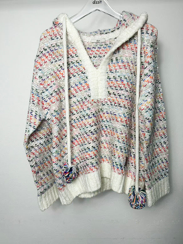 Multi-color Pompon Hoodie Knit