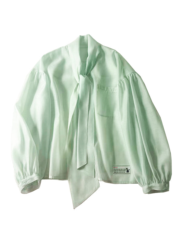 Puff-sleeves Bow-tie Sheer Blouse