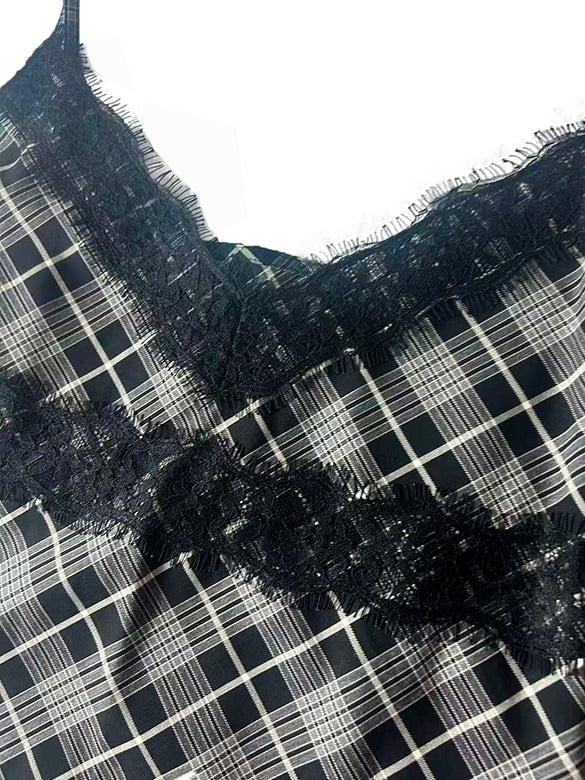 Lace Piping Plaid Cami Dress