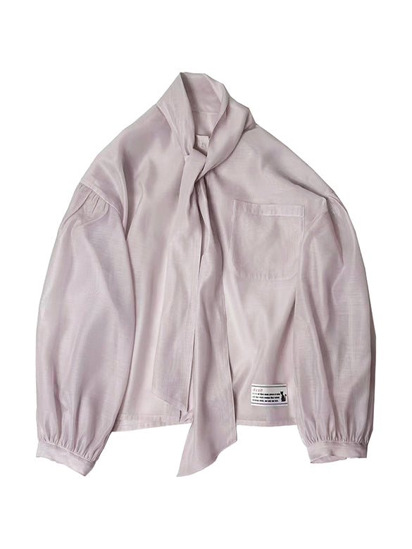 Puff-sleeves Bow-tie Sheer Blouse