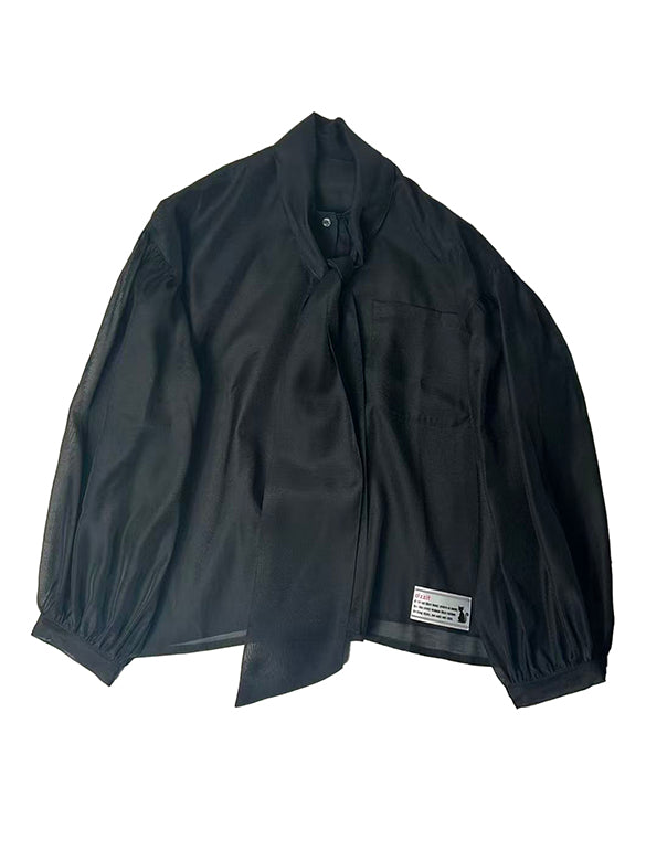 Puff-sleeves Bow-tie Sheer Blouse