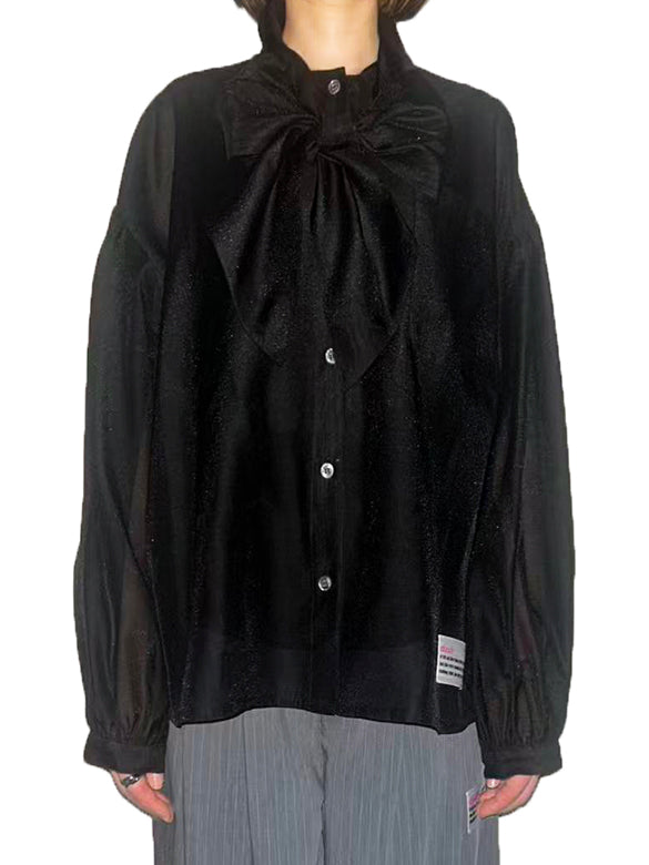 Puff-sleeves Bow-tie Sheer Blouse