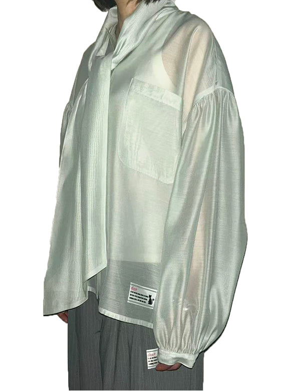 Puff-sleeves Bow-tie Sheer Blouse