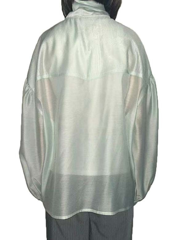 Puff-sleeves Bow-tie Sheer Blouse