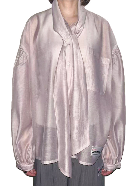 Puff-sleeves Bow-tie Sheer Blouse