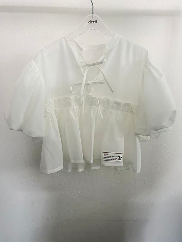 Puff-sleeves Ribbon Sheer Blouse