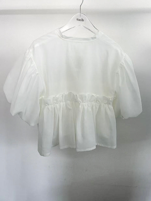 Puff-sleeves Ribbon Sheer Blouse