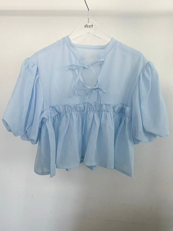 Puff-sleeves Ribbon Sheer Blouse