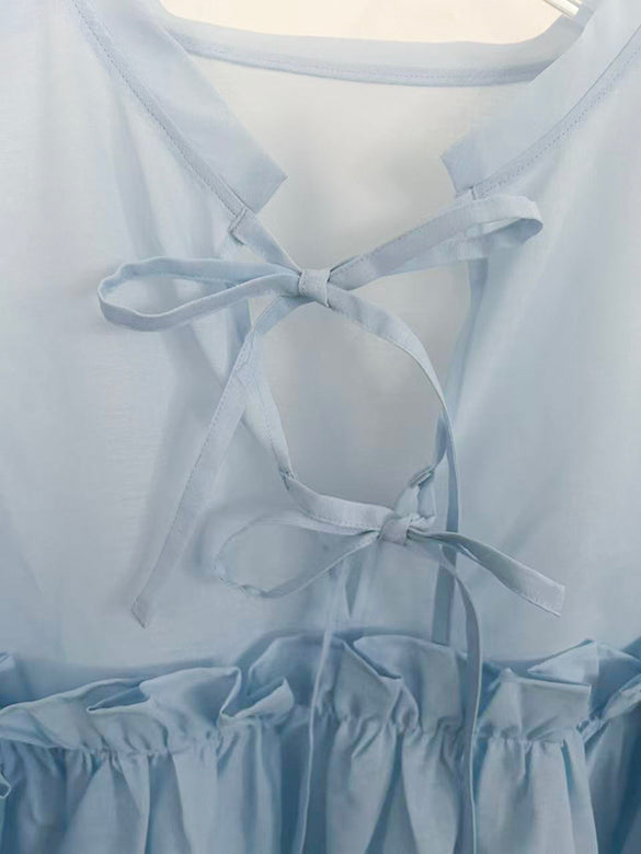 Puff-sleeves Ribbon Sheer Blouse