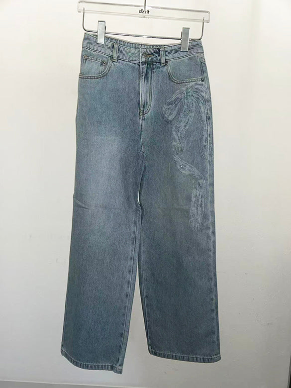 Clear Beads Ribbon Denim Pants