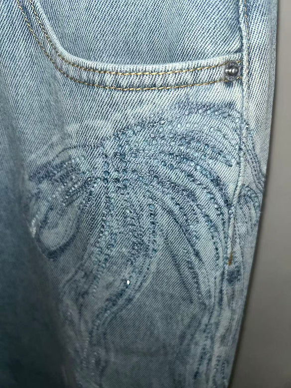 Clear Beads Ribbon Denim Pants