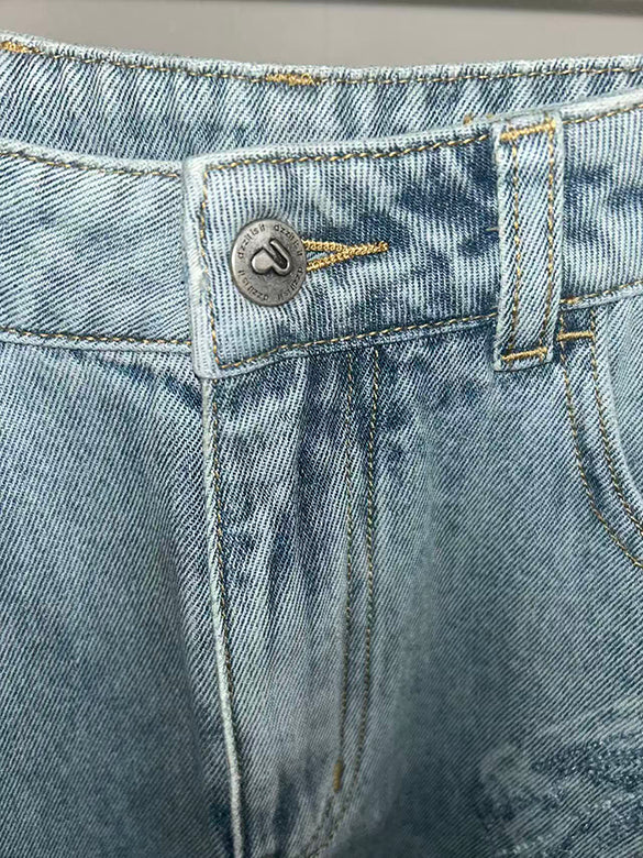 Clear Beads Ribbon Denim Pants