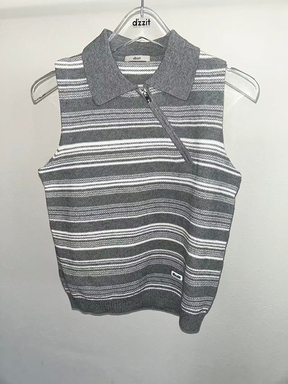 Random Pitch Stripe Sleeveless Zipper Knit
