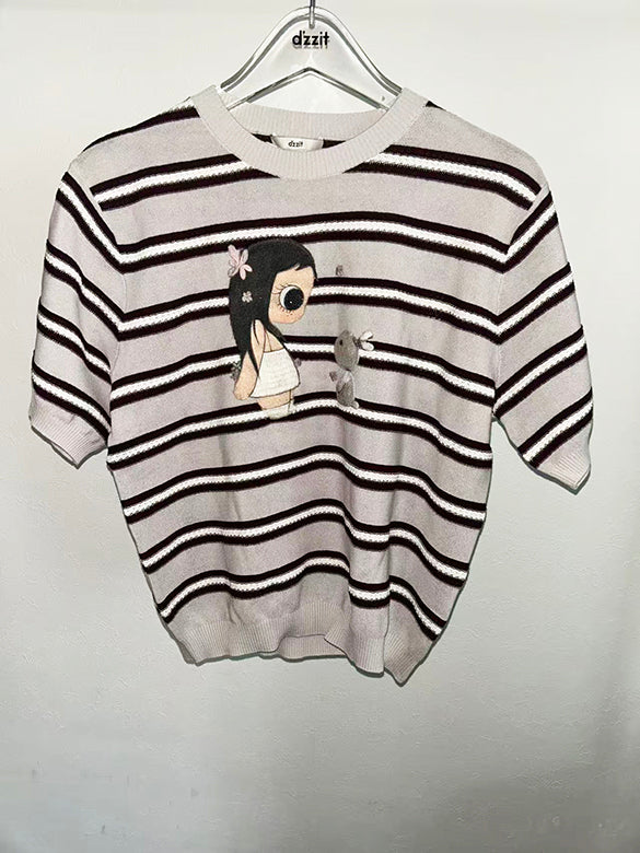 Stripe Embroidery Knit Top
