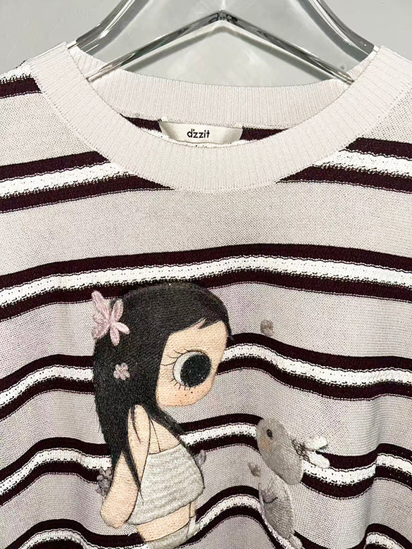 Stripe Embroidery Knit Top