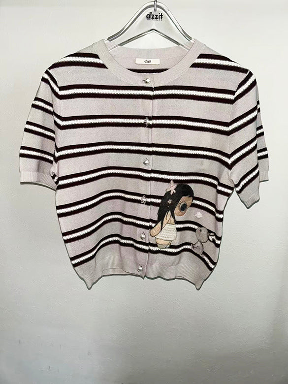 Stripe Embroidery Knit Cardigan