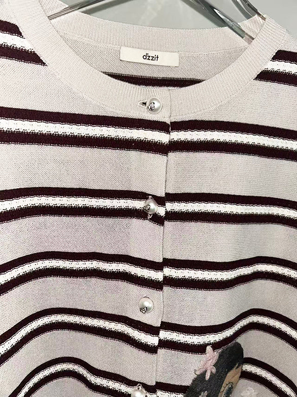Stripe Embroidery Knit Cardigan