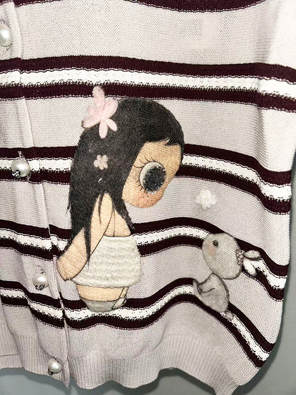 Stripe Embroidery Knit Cardigan