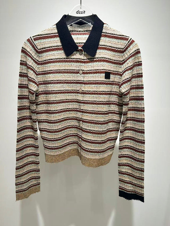 Retro Color Stripe Polo Knit