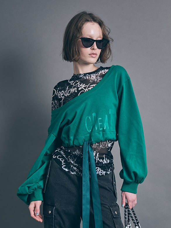 Balloon Sleeves Off-shoulder Ribbon Short Sweatshirt