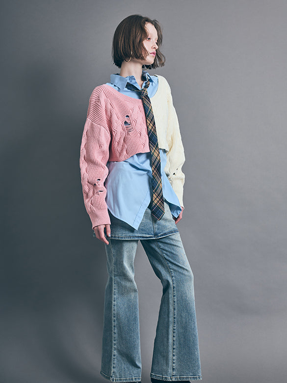 Bi-color Damage Off-shoulder Cable Short Knit