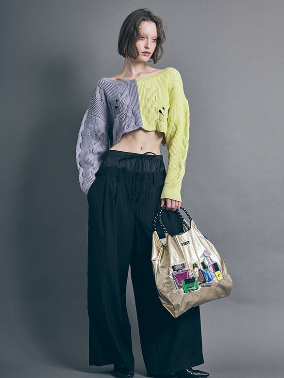 Bi-color Damage Off-shoulder Cable Short Knit