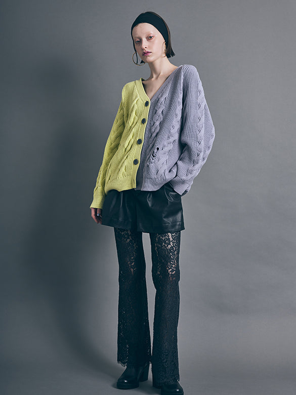 Bi-color Damage Cable Knitting Cardigan