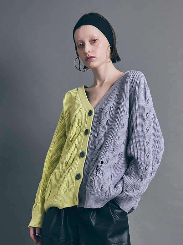 Bi-color Damage Cable Knitting Cardigan
