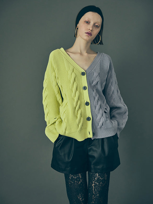 Bi-color Damage Cable Knitting Cardigan