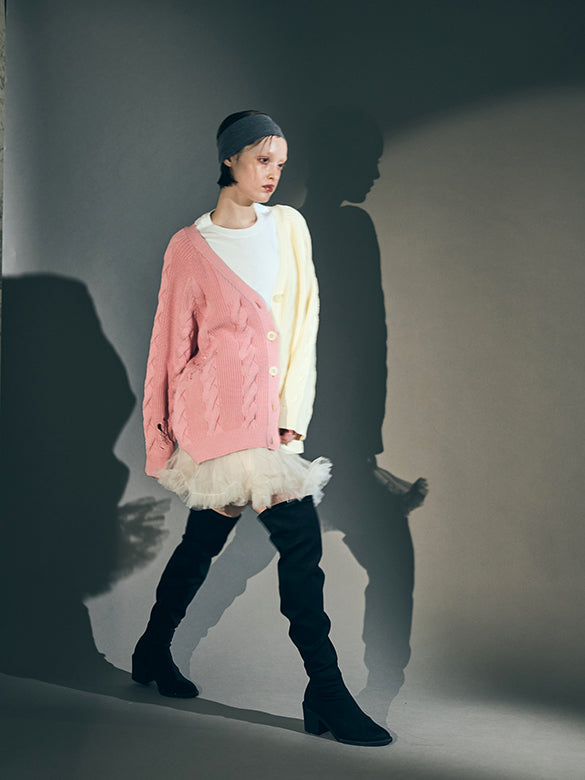 Bi-color Damage Cable Knitting Cardigan