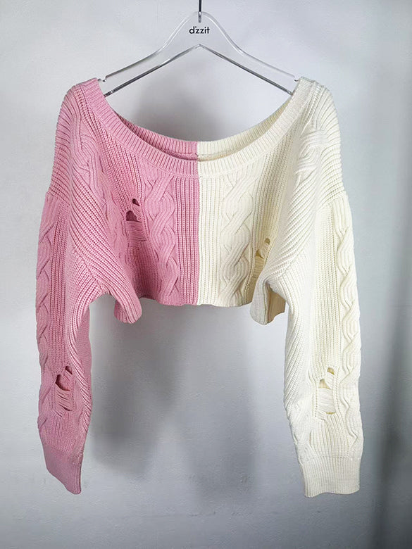 Bi-color Damage Off-shoulder Cable Short Knit