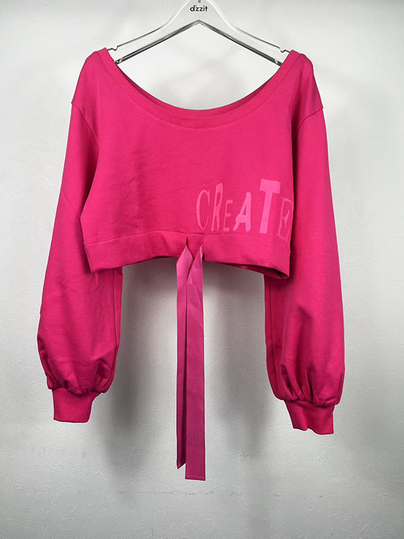 Balloon Sleeves Off-shoulder Ribbon Short Sweatshirt