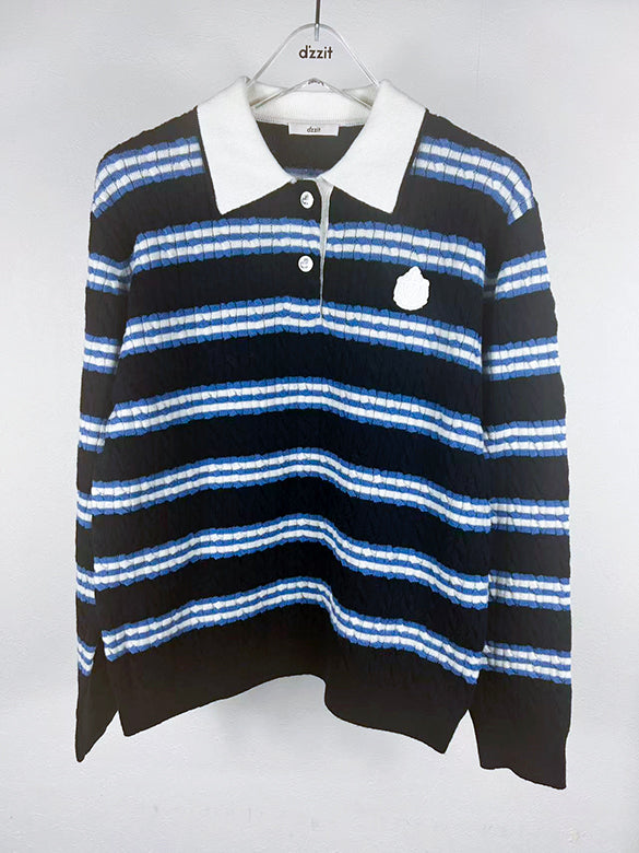 Retro Color Stripe Polo-Knit Top