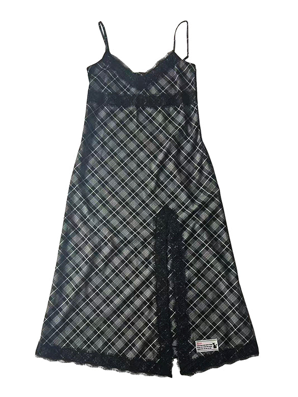 Lace Piping Plaid Cami Dress