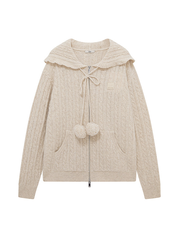 Pompon Design Knitting Zipper Hoodie